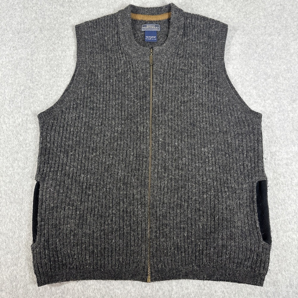 Great Northwest Shetland Wool Sweater Vest Men's L Gray Ribbed Knit Full Zip